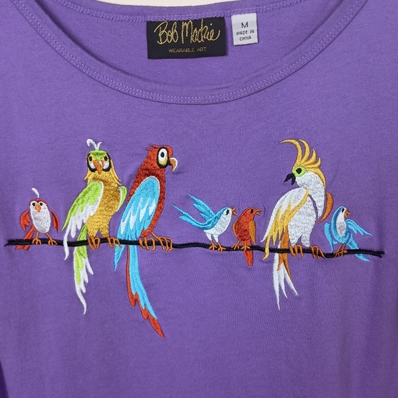 Vintage Bob Mackie Short Sleeve T Shirt Dress Purple Medium Embroidered Birds - Picture 4 of 8